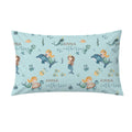 A rectangular pillow with a light blue mermaid-themed pattern featuring cartoon mermaids, dolphins, fish, and the name 'Anna Catherine' printed repeatedly, shown on a plain white background.