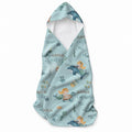 Aqua hooded towel with mermaids, dolphins, turtles, narwhals, fish, shells, and the name Anna Catherine.