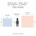 Size guide diagram for a milestone blanket showing two blanket dimensions: a smaller 30 x 40 inch blue square and a larger 50 x 60 inch peach square, with an average 1-year-old height of 29.5 inches in between.