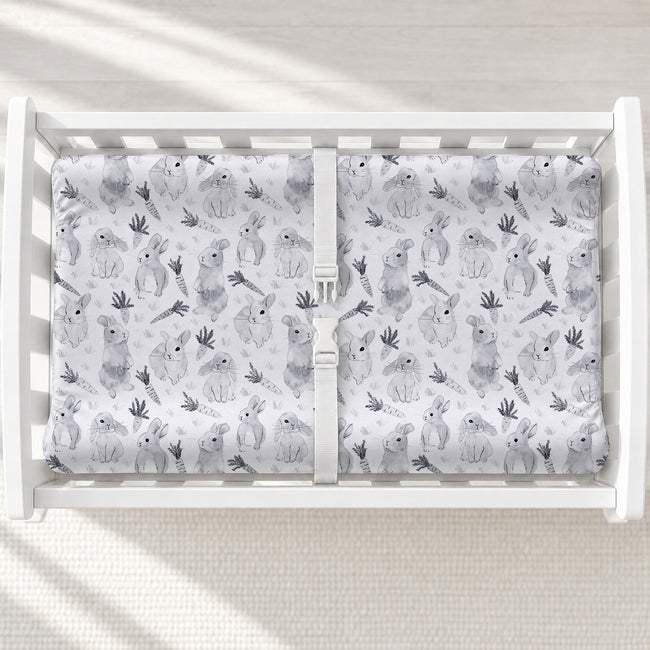 Monochrome Watercolor Bunny Personalized Changing Pad Cover, featuring sweet watercolor bunnies and baby’s name for a soft, timeless nursery.