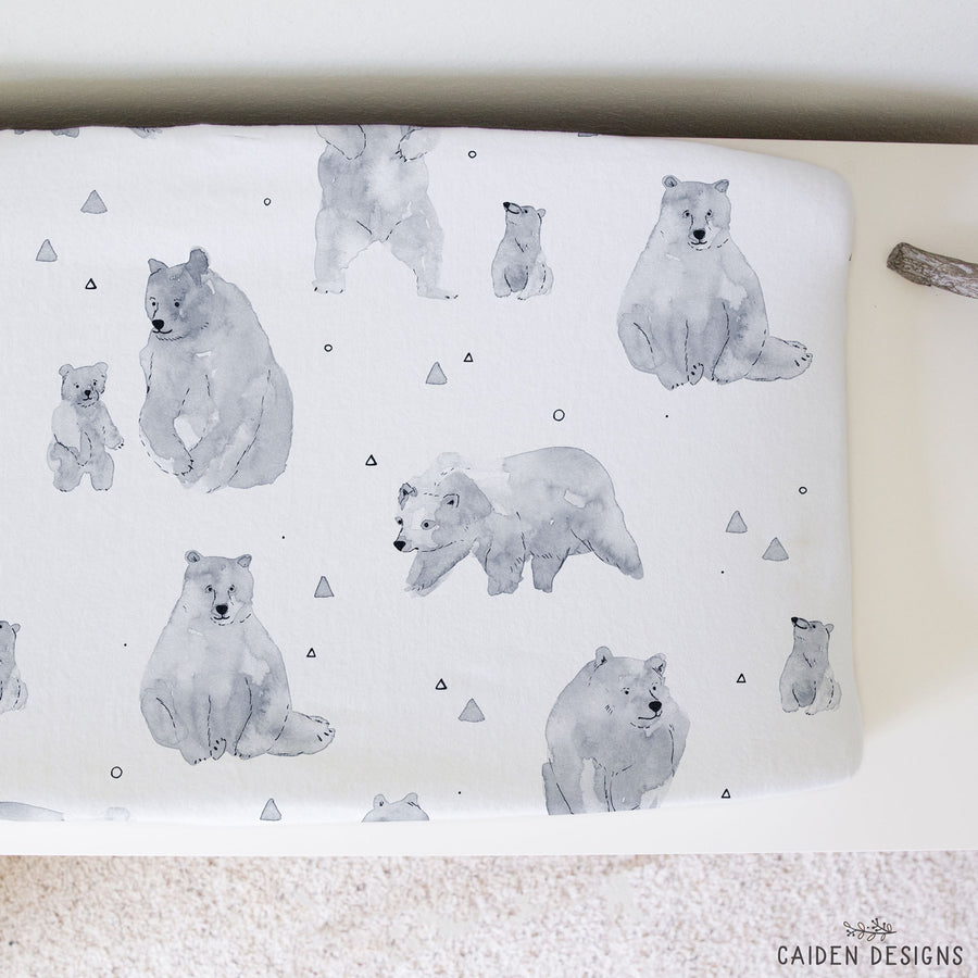 Monochrome Watercolor Polar Bear Personalized Changing Pad Cover