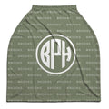 A sage baby car seat cover with a white monogram logo reading 'BPH' inside a circle, set against a repeating white 'BROOKS' background pattern.