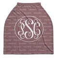 A baby car seat cover in dusty mauve color, featuring a repeating white 'PALMER' brand watermark pattern and a large white circular monogram design in the center.