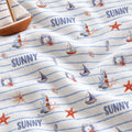 Personalized Nautical Stripe Baby Boy Blanket. Sailboats, lighthouses, starfish, and seahorses surround a custom name over soft blue stripes.