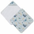 Light blue hooded towel with whales, dolphins, narwhals, turtles, jellyfish, shells, starfish, and the name Sailor in script.