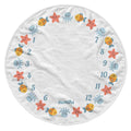 A round white baby growth chart blanket featuring colorful cartoon sea creatures like fish, starfish, octopus, and shrimp arranged around a circular timeline labeled 1 through 12 months.