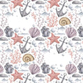 A repeating watercolor-style nautical pattern on a white background, featuring anchors, starfish, seashells, coral, bubbles, and small fish in soft gray, pink, and beige tones.