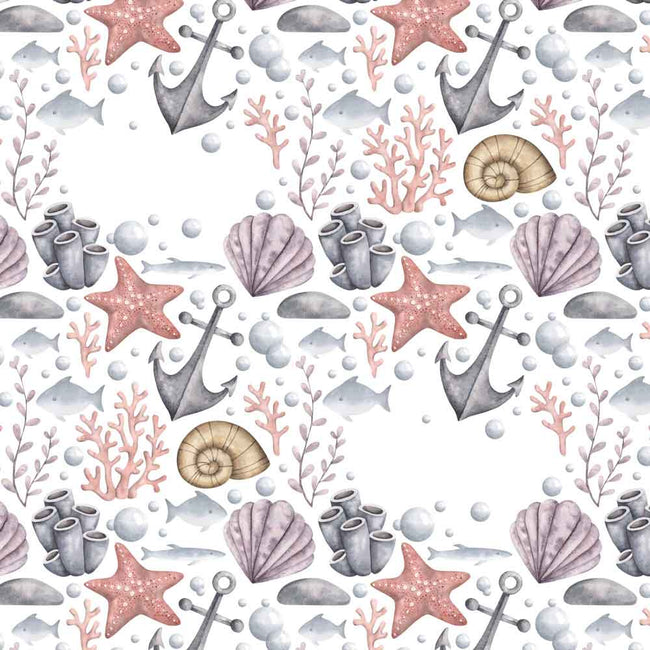 A repeating watercolor-style nautical pattern on a white background, featuring anchors, starfish, seashells, coral, bubbles, and small fish in soft gray, pink, and beige tones.