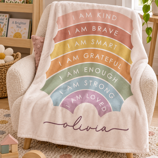 A personalized fleece throw blanket draped over a cream armchair in a cozy child's room. The blanket is cream-colored with a rainbow graphic made of pastel stripes and arches containing positive affirmations like 'I AM KIND', 'I AM BRAVE', 'I AM GRATEFUL', 'I AM ENOUGH', 'I AM STRONG', and 'I AM LOVED', finished with the name 'Olivia' in a dark purple script at the bottom.