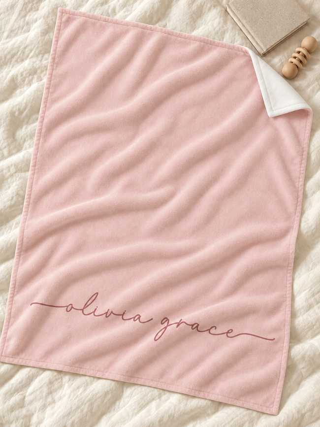 A soft pink baby blanket with the name 'olivia grace' embroidered in cursive at the bottom, styled on a textured cream quilted blanket with a wooden teething ring and a folded beige cloth nearby.