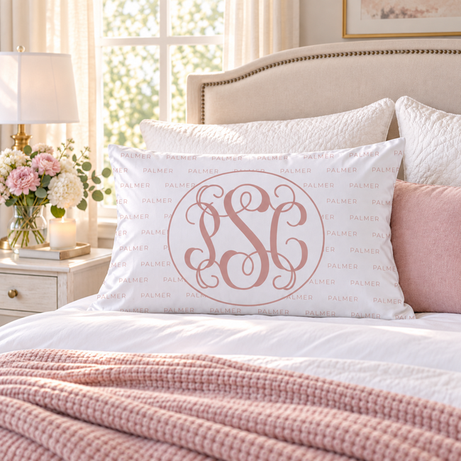 White pillowcase with a blush pink PSC monogram and repeating PALMER name pattern, displayed on a bed in a bright bedroom.