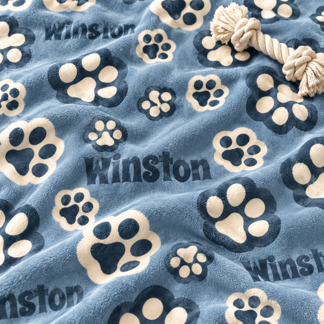 A close-up of a plush pet blanket with a blue-gray base, cream paw prints, repeated 'Winston' text, and a cream rope toy placed on top.