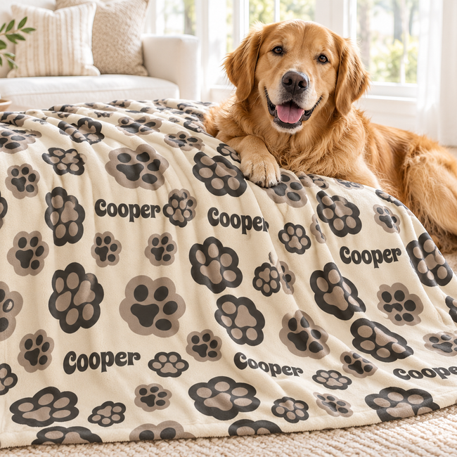 A golden retriever dog lies on a cream pet blanket with gray and taupe paw prints and the name 'Cooper' printed repeatedly, in a bright living room setting.
