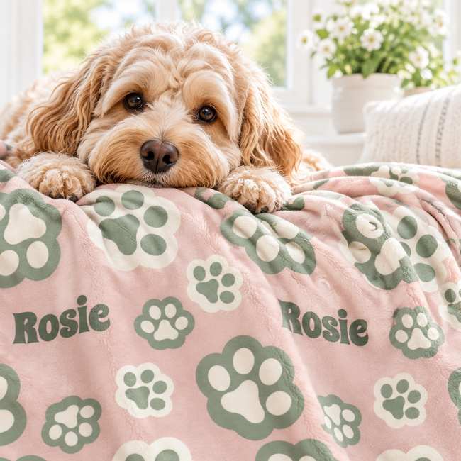 Pink Paw Print Personalized Dog Blanket | Caiden Designs