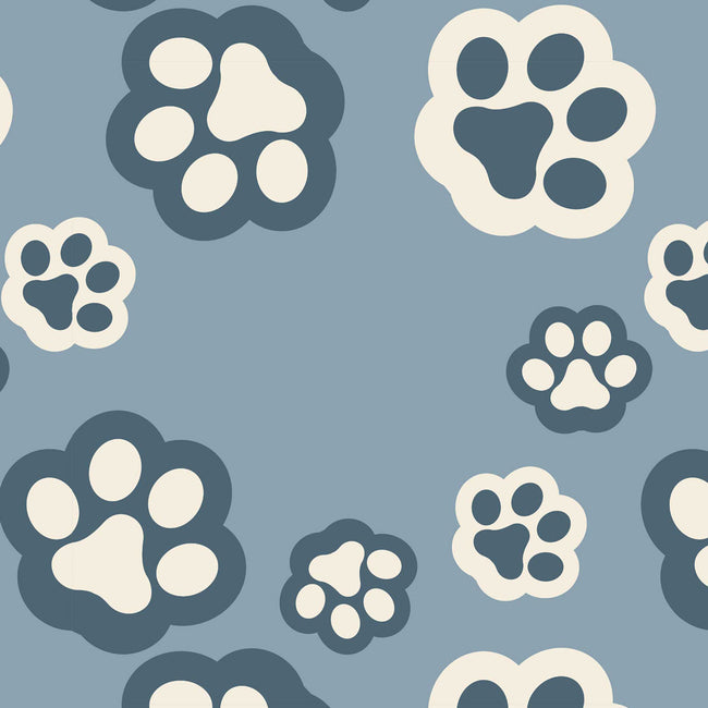 A repeating pattern of stylized paw prints in dark blue-gray and cream on a muted blue background.