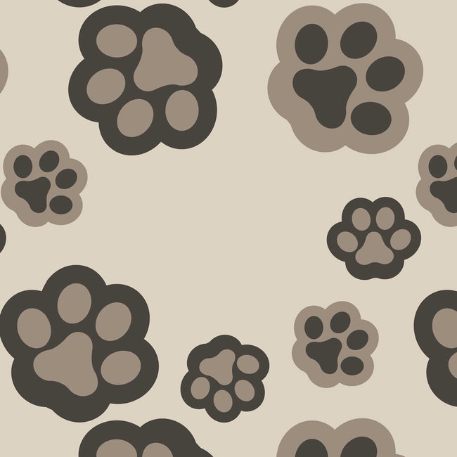 A repeating pattern of stylized paw prints in dark charcoal gray and taupe on a warm beige background.