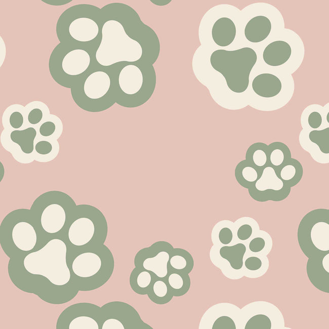 A repeating pattern of stylized paw prints in muted sage green and cream on a dusty pink background.