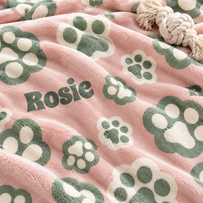 A close-up of a soft pink plush blanket with green paw prints and the name 'Rosie' in dark green lettering. A cream-colored rope toy is partially visible at the top right.