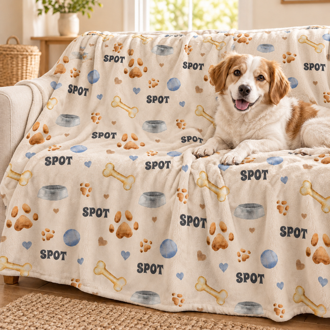 A dog lying on a couch covered with a cream pet blanket printed with bones, paw prints, bowls, hearts, and the word "SPOT" repeated in dark blue. The dog is a white and tan mixed breed.