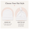 A product information graphic showing two white baby hats with different styles. On the left is a 'Beanie Hat' with a folded cuff, and on the right is a 'Knotted Hat' with a top knot.