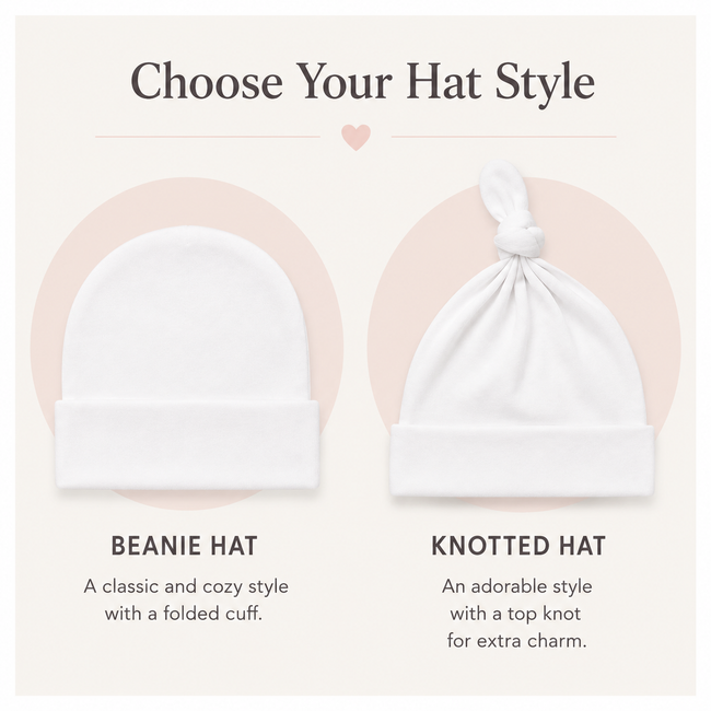 A product information graphic showing two white baby hats with different styles. On the left is a 'Beanie Hat' with a folded cuff, and on the right is a 'Knotted Hat' with a top knot.
