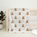 Full view of a personalized teddy bear blanket with repeating brown watercolor bears, bows, and the name Rowan on white.