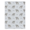 Full view of Little Elephant personalized baby blanket with gray watercolor elephants and the name Cooper on a pale blue background.