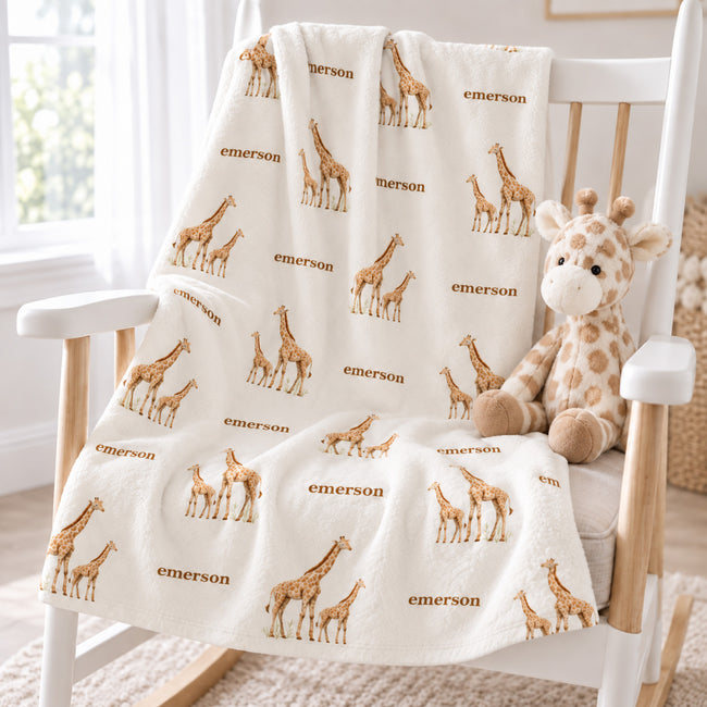 A personalized baby blanket with a repeating pattern of giraffes and the name 'emerson' is draped over a white wooden rocking chair next to a plush stuffed giraffe toy.