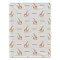 A personalized baby blanket with a repeating pattern of brown giraffes and the name 'emerson' printed in brown on a light gray background.
