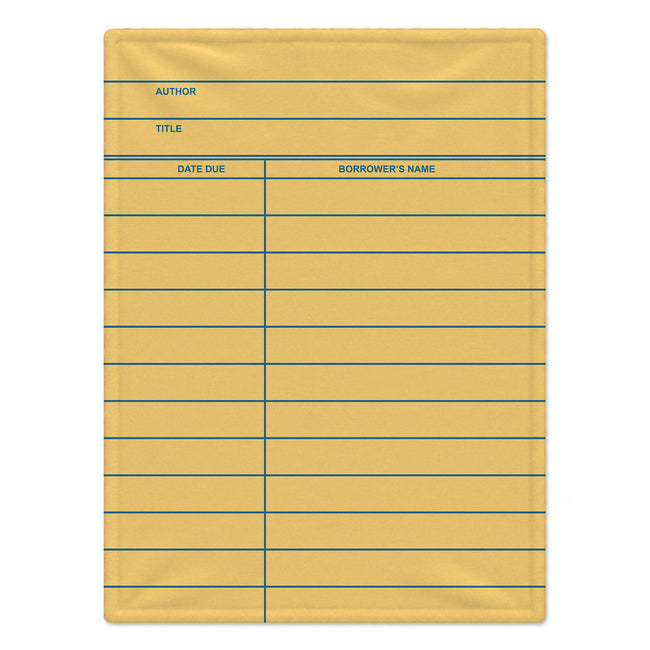 A yellow library or bookplate-style card blanket with printed blue lines and fields for author, title, date due, and borrower's name, shown on a white background.
