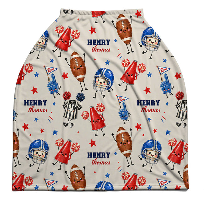 A custom baby car seat cover featuring a repeating pattern of cartoon football players, cheerleaders, referees, stars, and the text 'HENRY Thomas' on a cream-colored background.