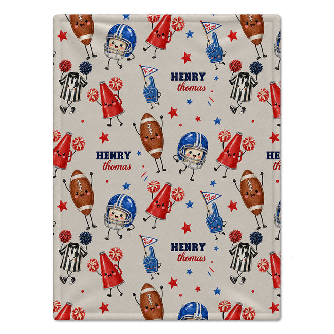 A personalized throw blanket featuring a repeating pattern of football-themed cartoon characters, including helmets, footballs, cheerleaders, stars, and the text 'HENRY Thomas' on a light beige background.