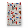 A personalized changing pad cover featuring a personalized football-themed pattern with cartoon characters and the name 'HENRY thomas'.
