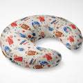 A U-shaped nursing pillow with a personalized 'Henry Thomas' football theme print, featuring cartoon players, helmets, and footballs on a cream background.