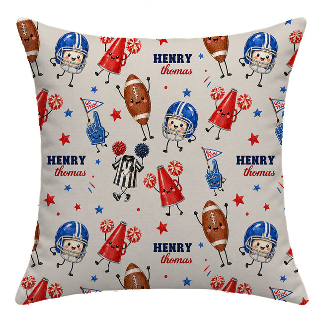 A square throw pillow with a personalized football-themed print on a light beige background. The pattern features cartoon characters including football helmets, footballs, cheerleaders, a referee, and stars, with the text 'HENRY thomas' repeated.