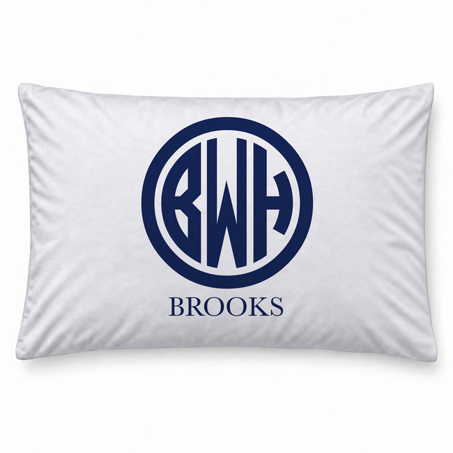 A white rectangular pillowcase featuring a navy blue circular monogram with the initials 'BWH' and the word 'BROOKS' printed below in navy blue, shown against a plain white background.