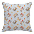 Back of the Monster Trucks throw pillow featuring a repeating pattern of colorful watercolor trucks and orange flames on pale blue.