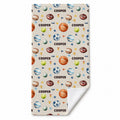 Personalized sports beach towel featuring basketball, football, soccer, volleyball, tennis, baseball, golf, etc