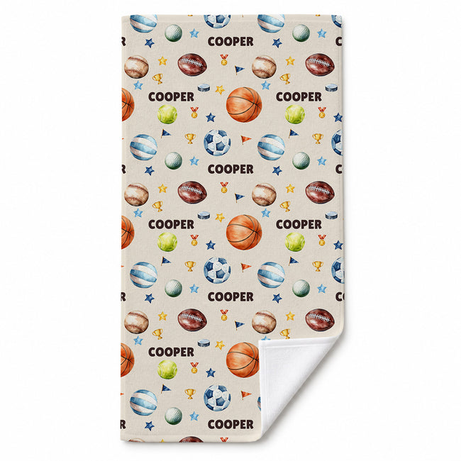 Personalized sports beach towel featuring basketball, football, soccer, volleyball, tennis, baseball, golf, etc