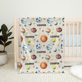 Personalized sports blanket featuring basketball, baseball, soccer, golf, volleyball, football, tennis and with name Cooper on it
