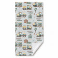 Personalized beach towel featuring a vintage train design with name