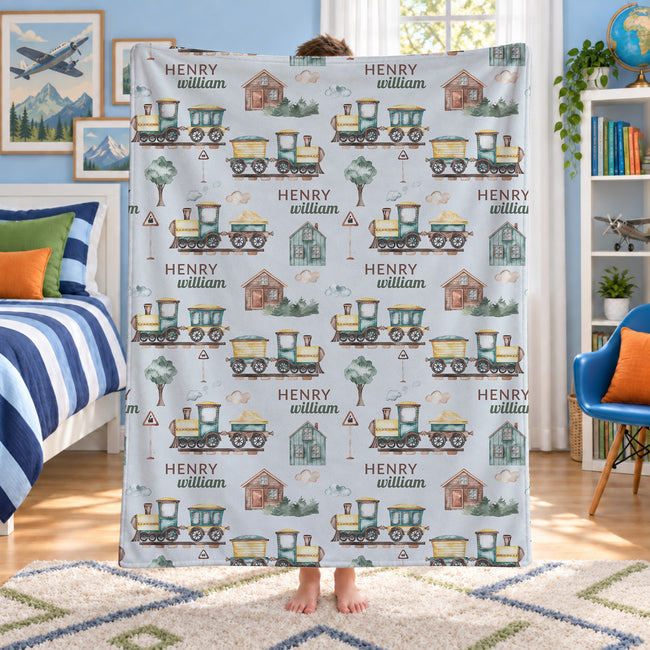 Personalized Watercolor Train Blanket