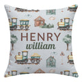 Personalized throw pillow featuring a vintage train design with the name Henry William centered
