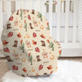 Wild West car seat cover personalized with Scout, featuring watercolor cowboy boots, hats, cacti and red bandanas on cream.
