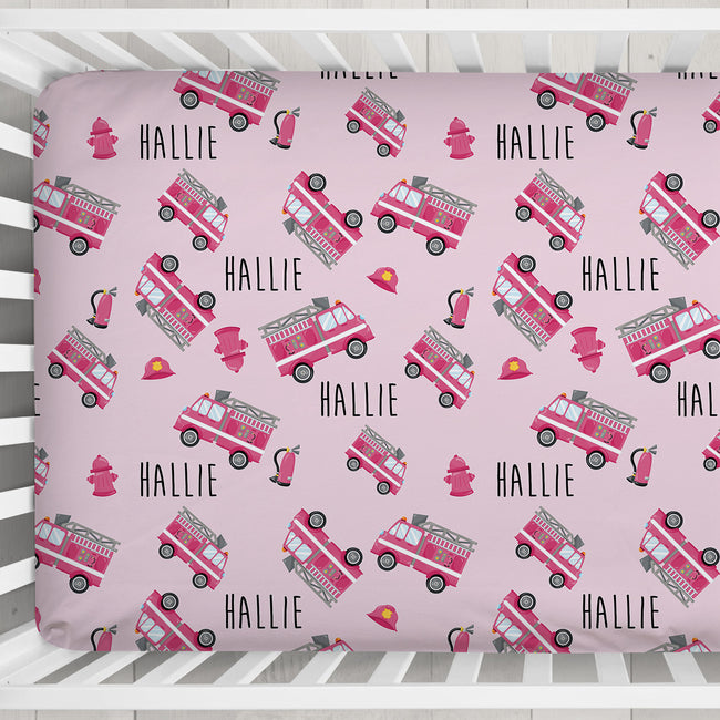 Pink Fire Trucks Personalized Crib Sheet