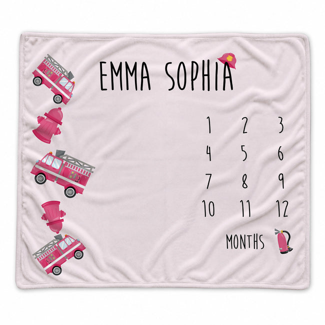 Pink fire truck personalized blanket with name Emma Sophia on it