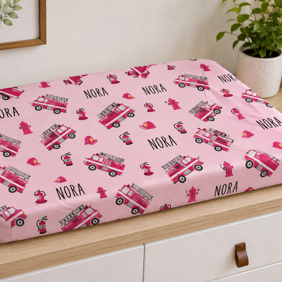 Pink Fire Trucks Personalized Changing Pad Cover