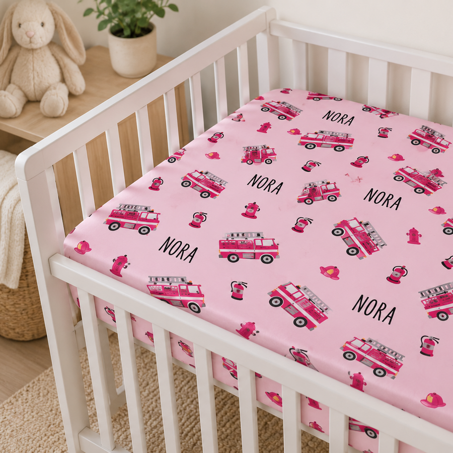 Pink Firetrucks Personalized Crib Sheet