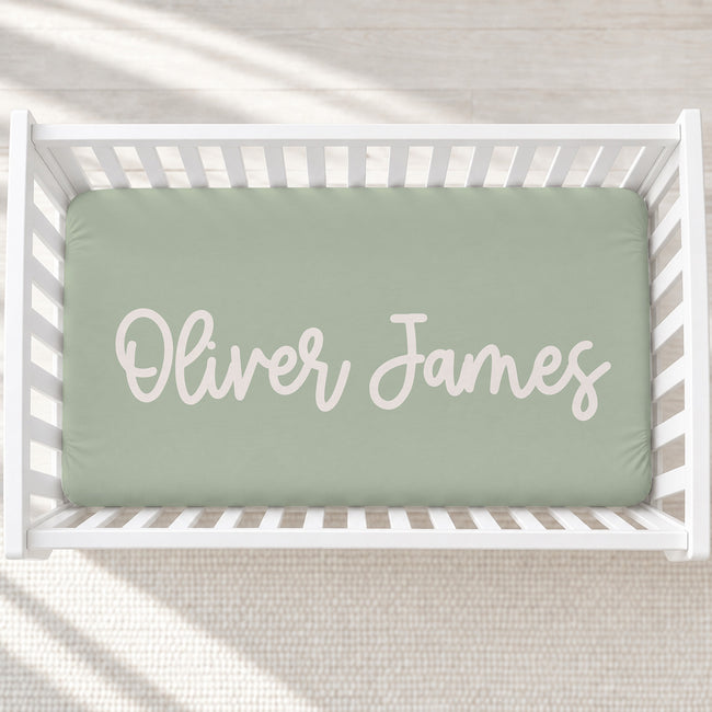 Dusty Sage Playful Script Personalized Name Crib Sheet