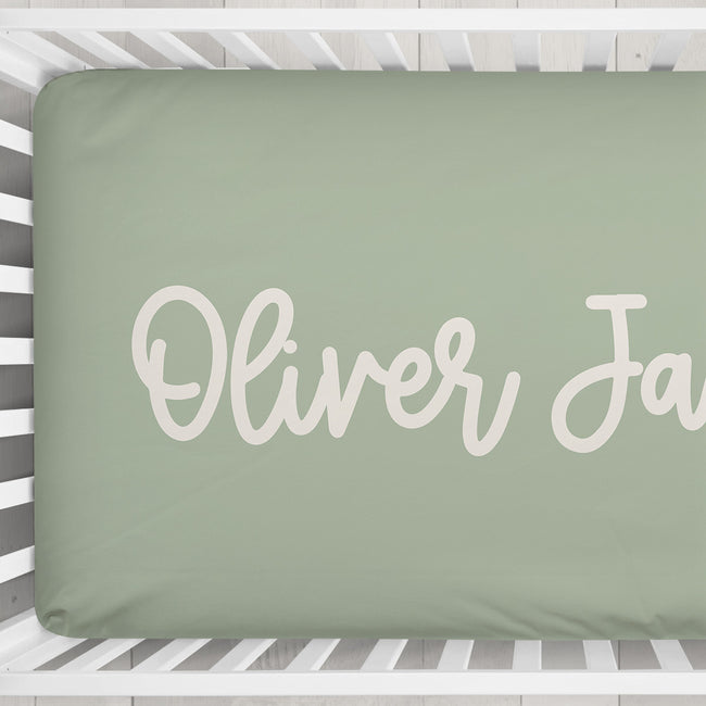 Dusty Sage Playful Script Personalized Name Crib Sheet